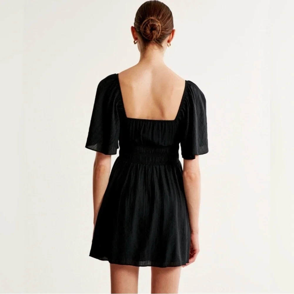 Abercrombie & Fitch Black Angel Sleeve Smocked Waist Mini Dress size ST EUC - Picture 5 of 12